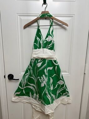 Roulette Green and White Floral Halter Dress
